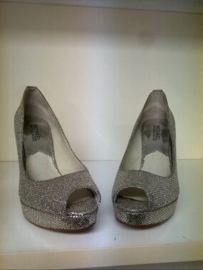 MICHAEL Michael Kors Silver Glitter Peep-Toe Platform Pumps